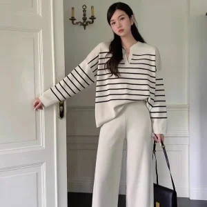 Elegant Two Piece Pullover with High Waist Pants