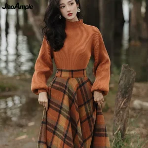 Women's Two-Piece Plaid Skirt with Solid Pullover