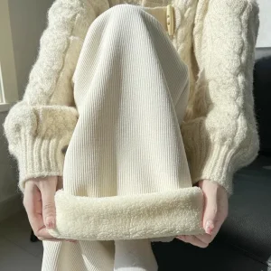 Women's High Waist Fleece Lined Corduroy Wide Leg Pants