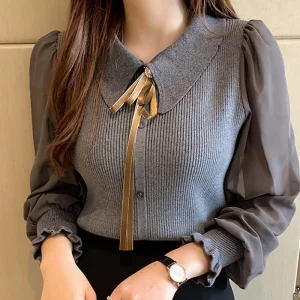 Women's Knit Chiffon Button Front Pullover